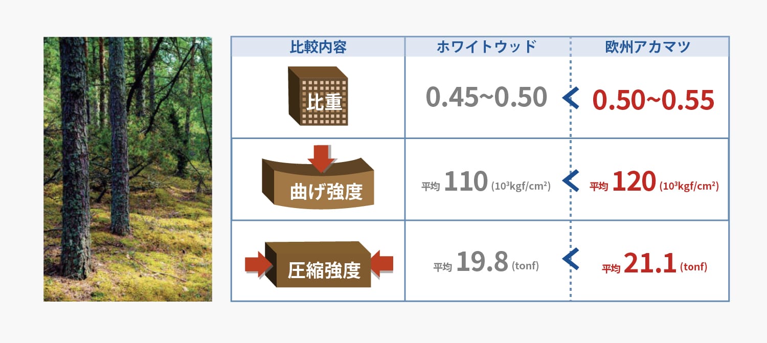 比重、曲げ強度、圧縮強度の比較項目でホワイトウッドよりも優れた欧州アカマツ