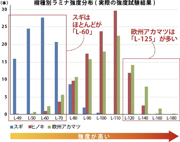 樹種別ラミナ強度分布(実際の強度試験結果)による欧州アカマツの強度の強さ